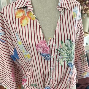Christian Siriano Red Striped Floral Blouse